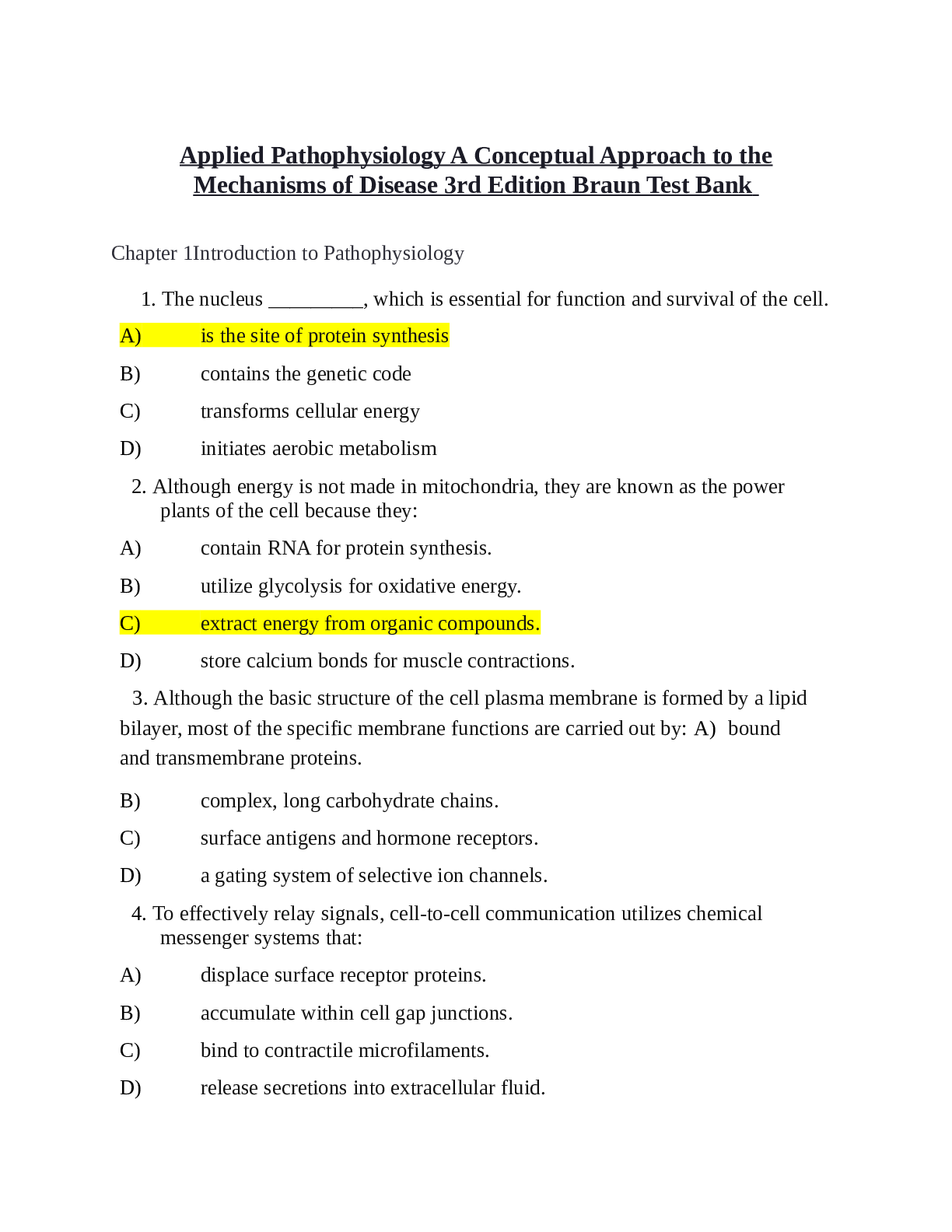 Test Bank for Applied Pathophysiology A Conceptual Approach to the Mechanisms of Disease 3rd Edition By Carie Braun, Cindy Anderson